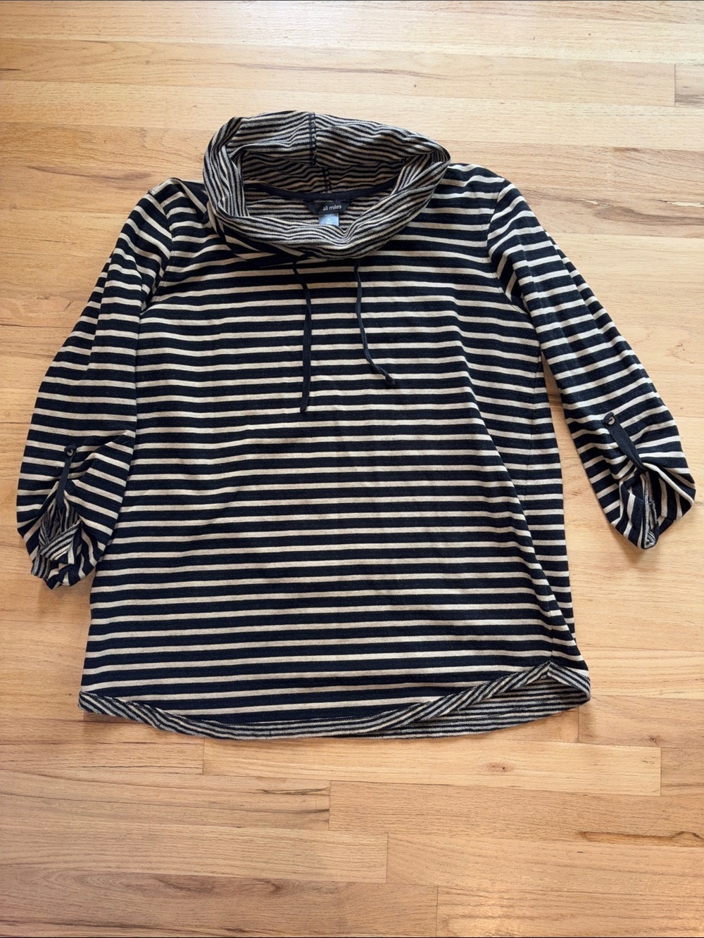 Ali Miles Black and Cream Striped Cowl Neck Sweater
